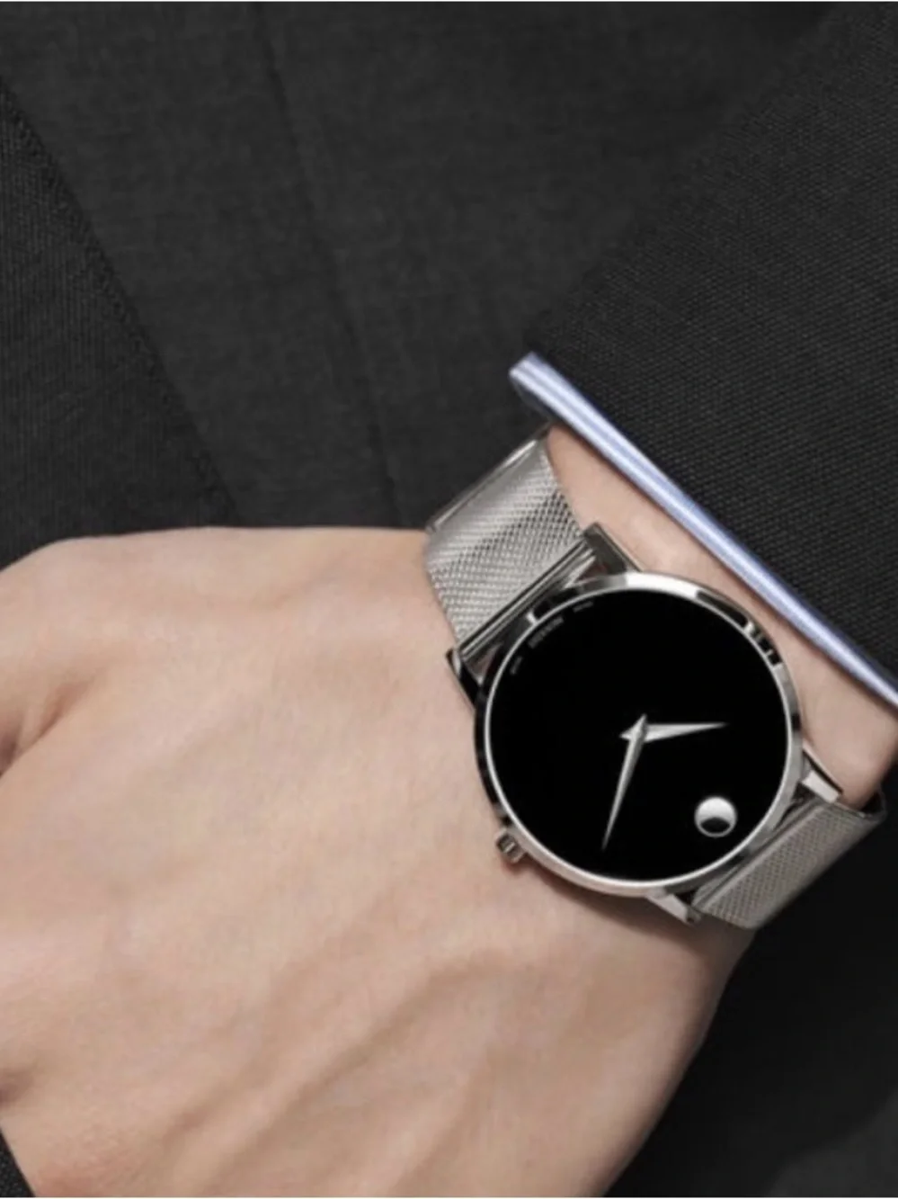 Movado Black Dial Silver Mesh Bracelet Watch